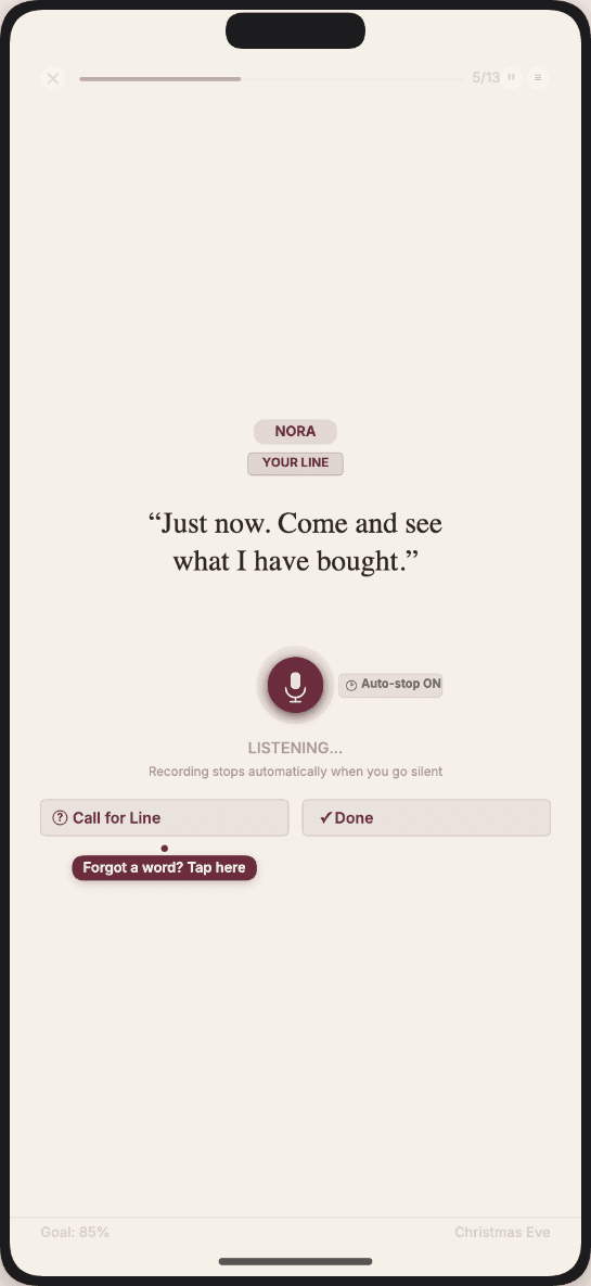 Call for Line rehearsal screen – the app reads scene partner lines aloud and listens to yours