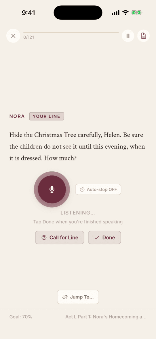 Call for Line rehearsal screen – the app reads scene partner lines aloud and listens to yours