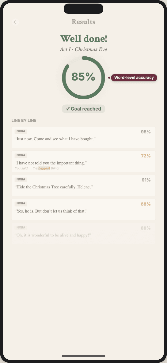 Rehearsal results with accuracy score and diff highlighting